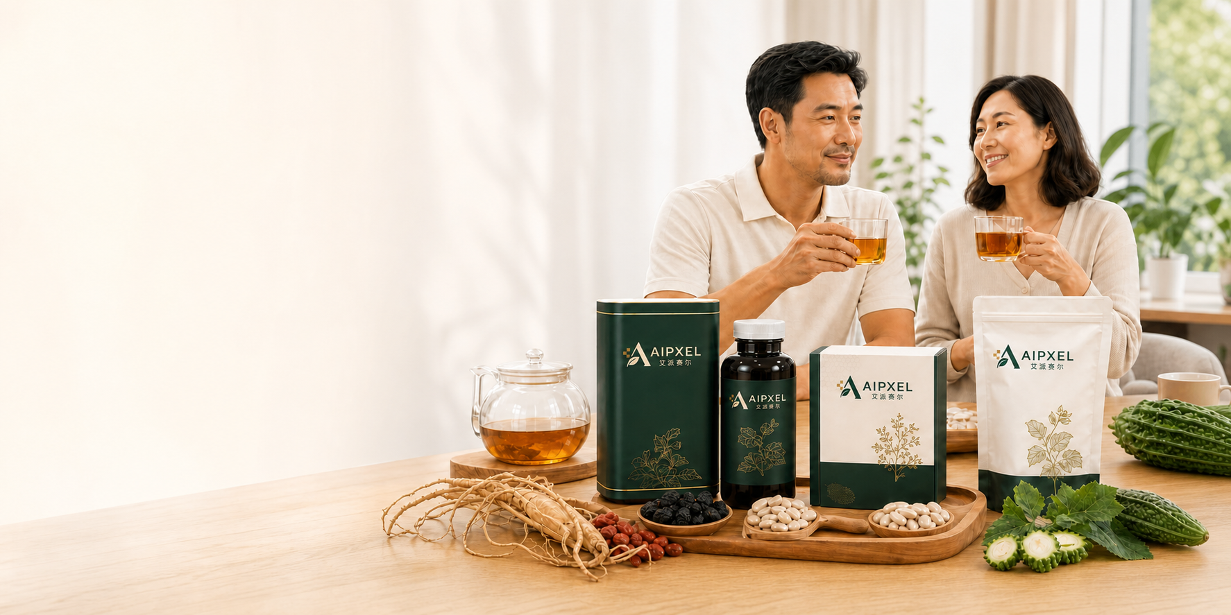 一对亚洲伴侣享用草本茶和健康产品