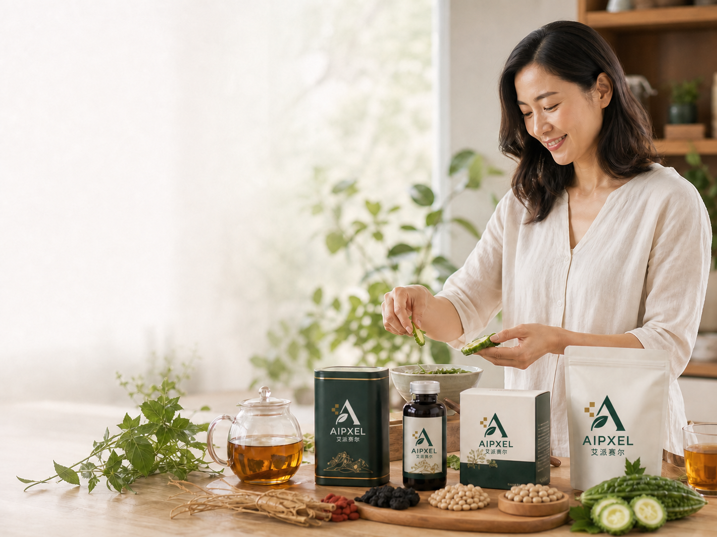 一位亚洲女士准备草本健康早餐